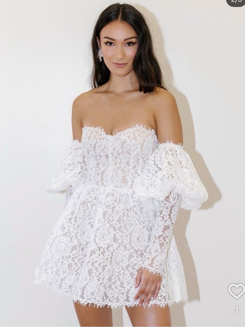 Watters White Strapless Lace Mini with Puff Sleeves